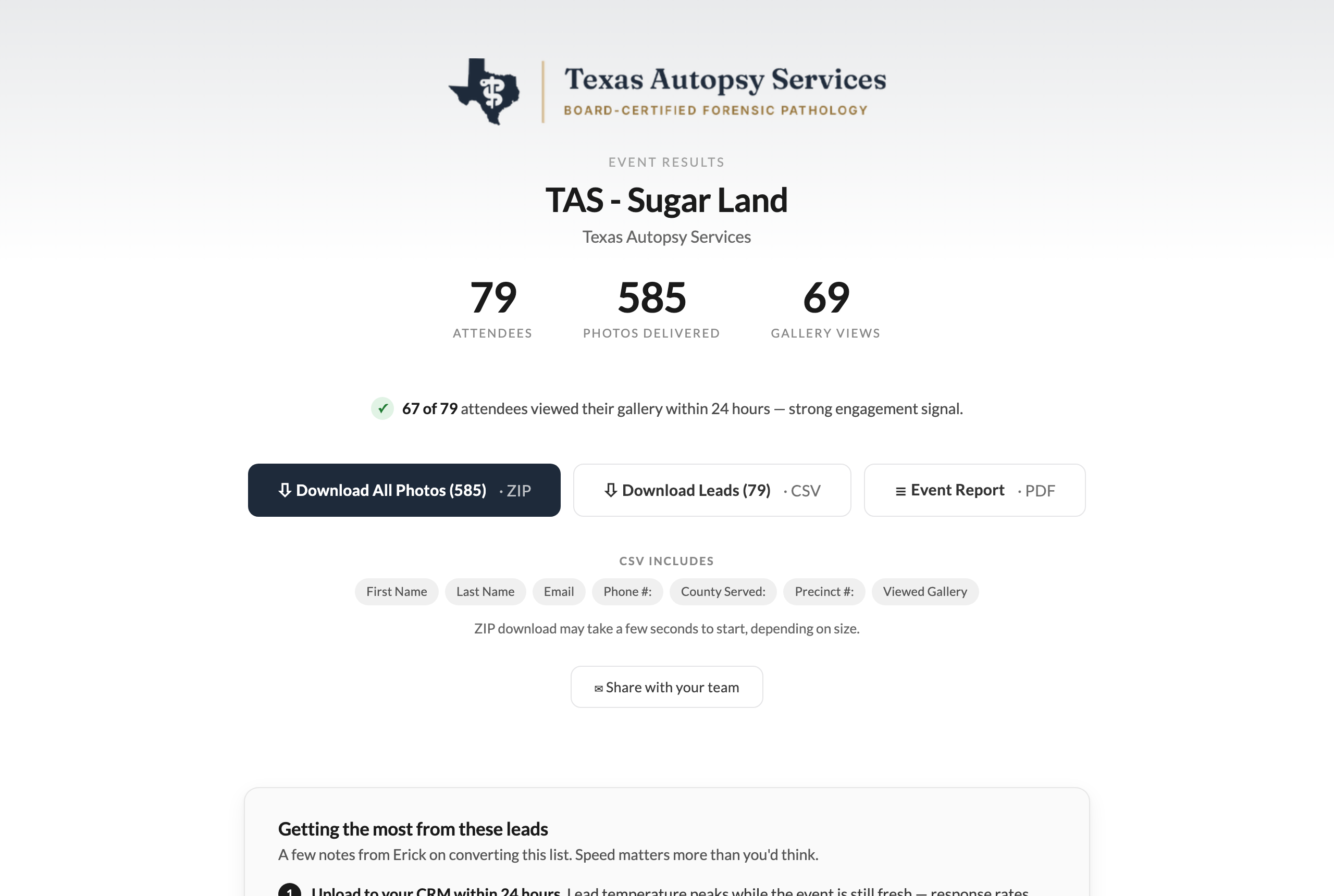 Sponsor lead portal with every attendee and a clean leads CSV