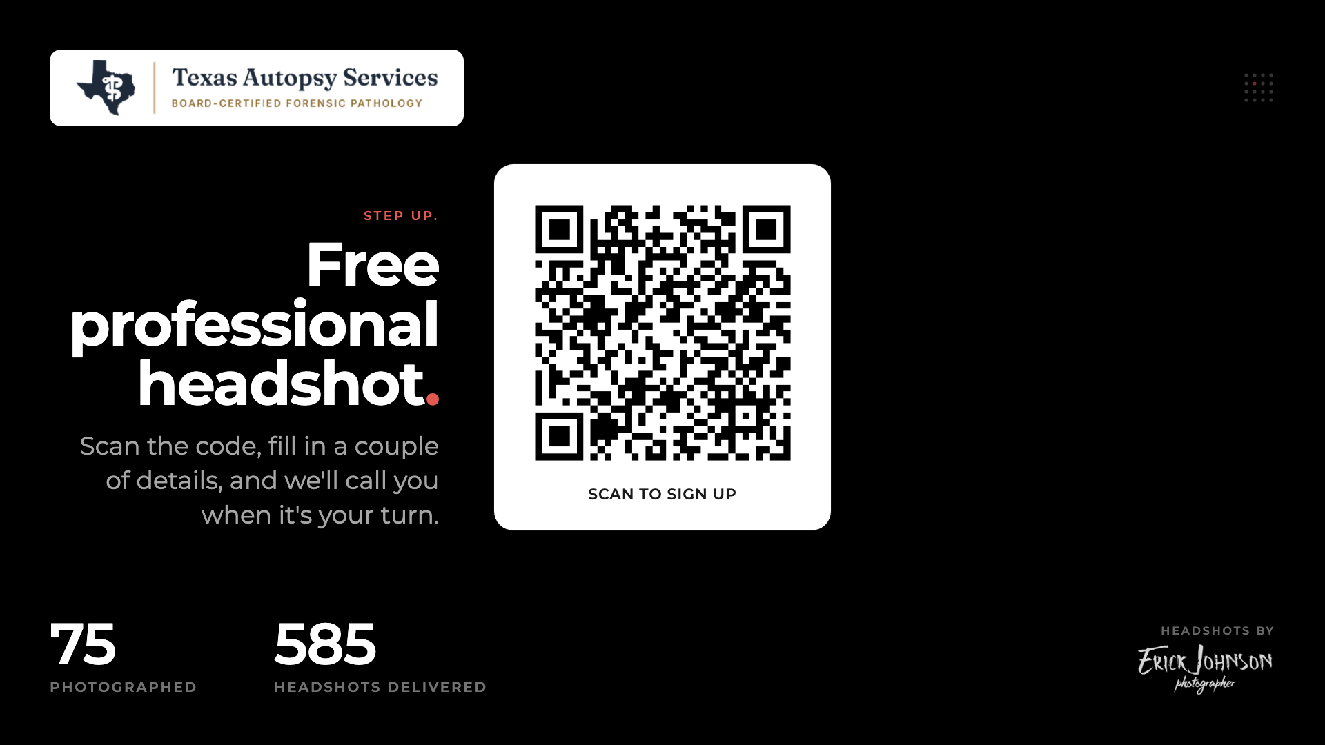 Live event wall display with sponsor branding, signup QR code, and live delivery stats